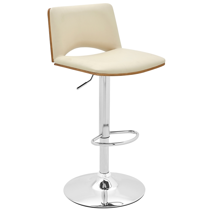 Thierry Adjustable Swivel Cream Faux Leather with Walnut Back Bar Stool