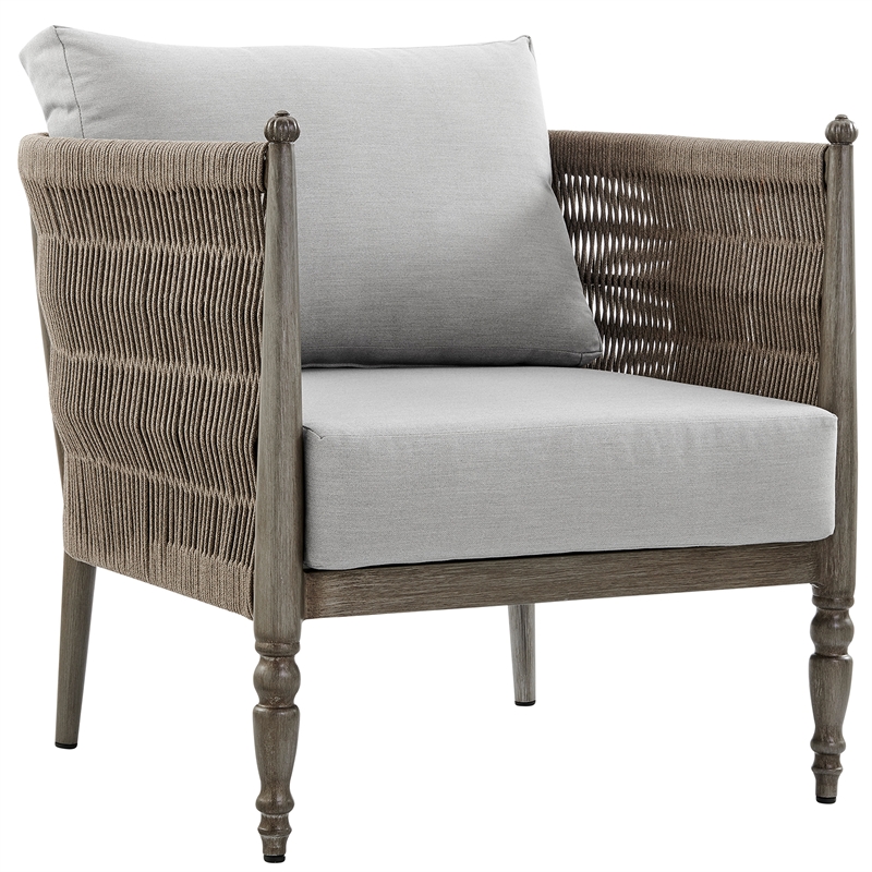 Armen Living Safari 4Pc Aluminum and Rope Outdoor Sofa Set in Brown/Gray Cushion