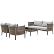 Armen Living Safari 4Pc Aluminum and Rope Outdoor Sofa Set in Brown/Gray Cushion