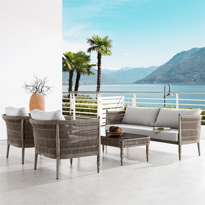 Armen Living Safari 4Pc Aluminum and Rope Outdoor Sofa Set in Brown/Gray Cushion