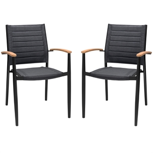 portals outdoor black aluminum stacking dining chair with teak arms - set of 2