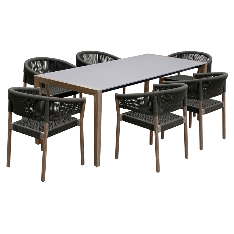 Armen Living Fineline and Doris 7PC Fabric Outdoor Dining Set in Brown/Charcoal