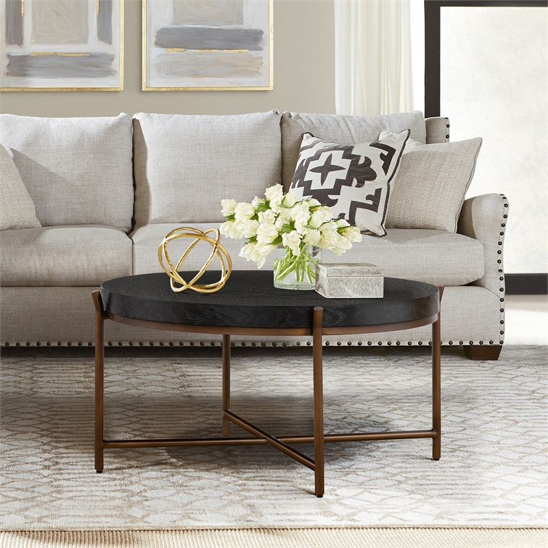 Armen Living Sylvie Round Mid Century Wood Coffee Table in Brushed Oak/Espresso
