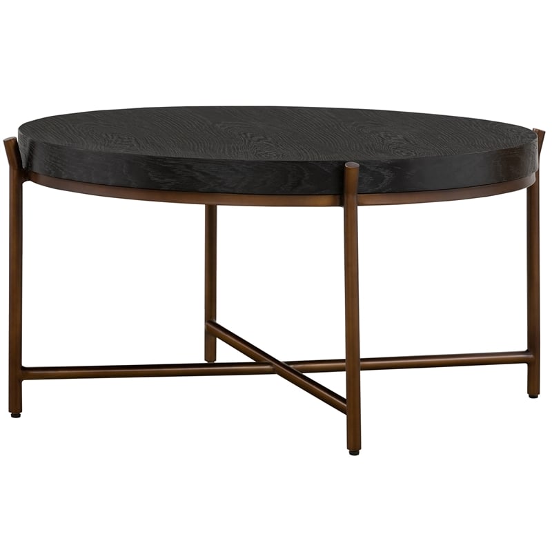 Armen Living Sylvie Round Mid Century Wood Coffee Table in Brushed Oak/Espresso