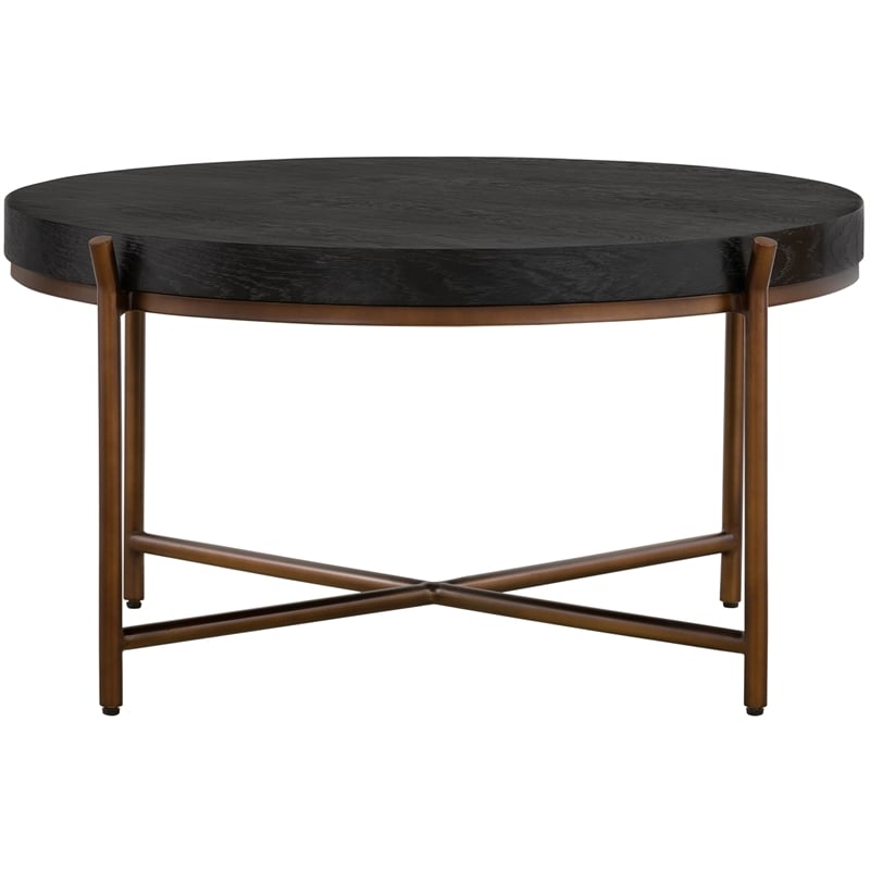 Armen Living Sylvie Round Mid Century Wood Coffee Table in Brushed Oak/Espresso