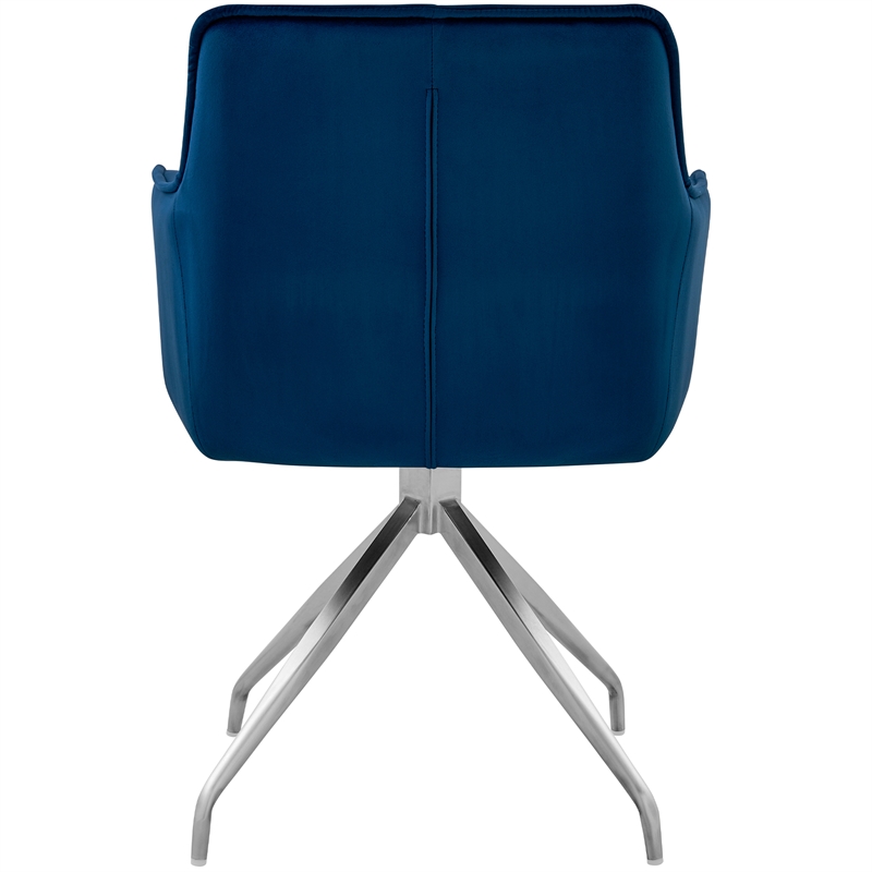 Armen Living Noah Velvet Dining Chair in Blue and Brushed Stainless Steel