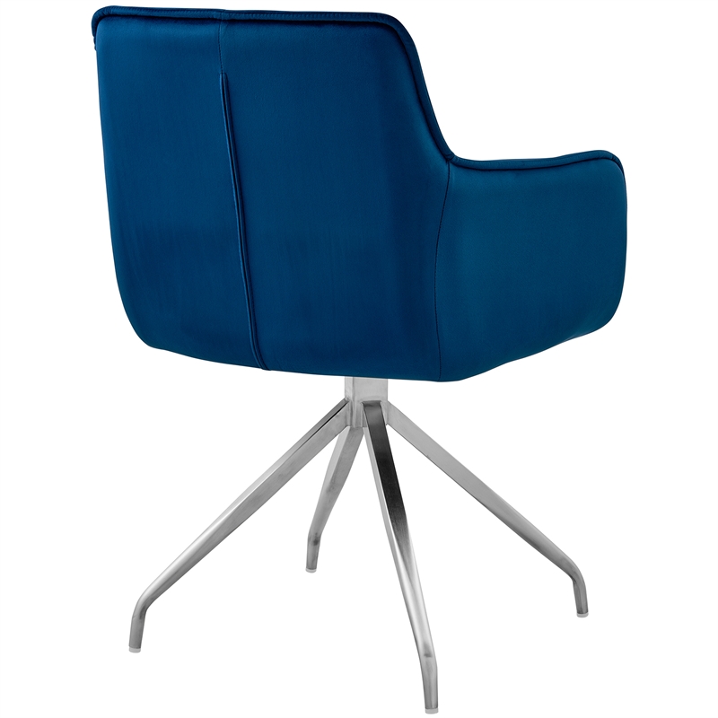 Armen Living Noah Velvet Dining Chair in Blue and Brushed Stainless Steel
