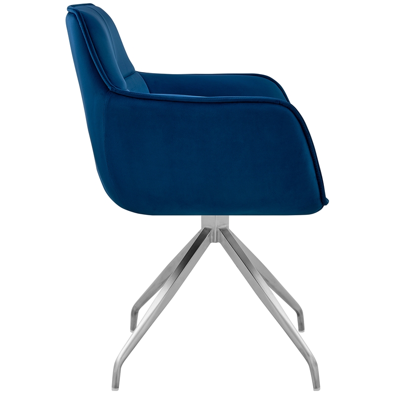 Armen Living Noah Velvet Dining Chair in Blue and Brushed Stainless Steel