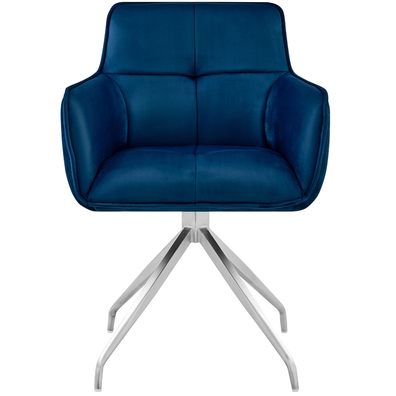 Armen Living Noah Velvet Dining Chair in Blue and Brushed Stainless Steel