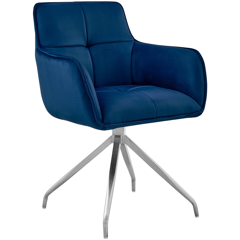 Armen Living Noah Velvet Dining Chair in Blue and Brushed Stainless Steel