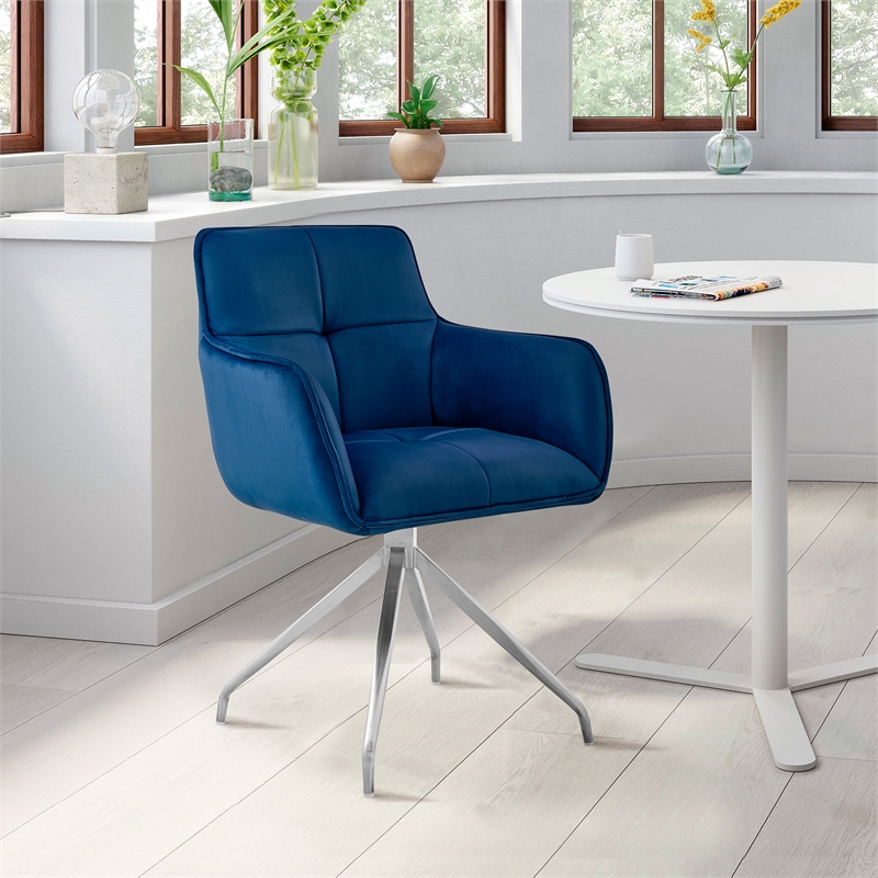 Armen Living Noah Velvet Dining Chair in Blue and Brushed Stainless Steel