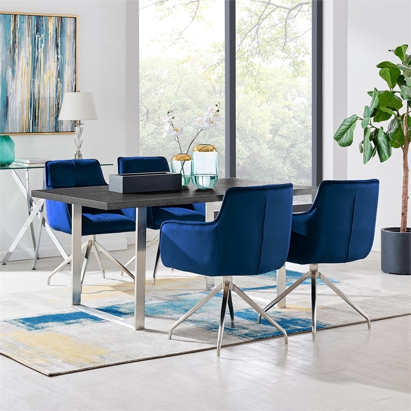 Armen Living Noah Velvet Dining Chair in Blue and Brushed Stainless Steel