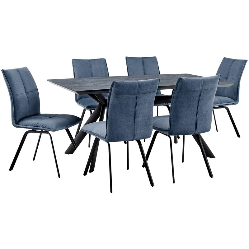 Armen Living Margot and Rylee 7-Piece Fabric & Metal Dining Set in Blue/Black