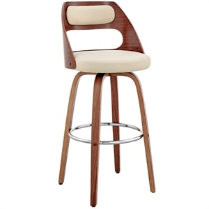 Armen Living Julius 30&quot Modern Faux Leather & Wood Barstool in Cream/Walnut