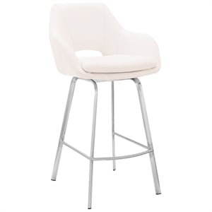 Armen Living Aura 30&quot Faux Leather & Metal Bar Stool in White/Stainless Steel