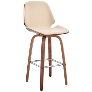 Armen Living Arabela 26&quot Faux Leather/Wood Swivel Counter Stool in Cream/Walnut