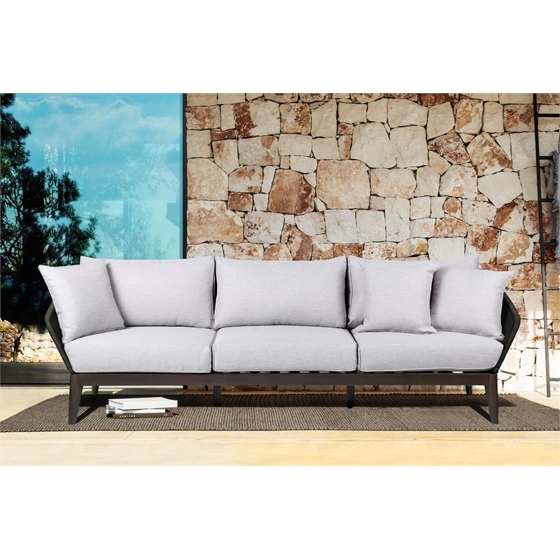 Armen Living Athos Outdoor Modern Fabric 3 Seater Sofa in Dark Brown/Gray