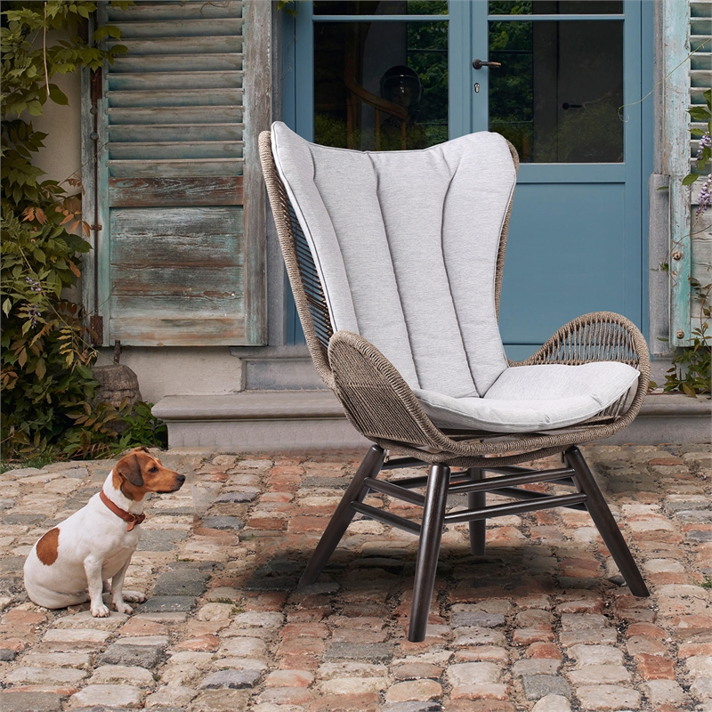 Armen Living King Wood & Fabric Outdoor Lounge Chair in Dark Wood/Gray