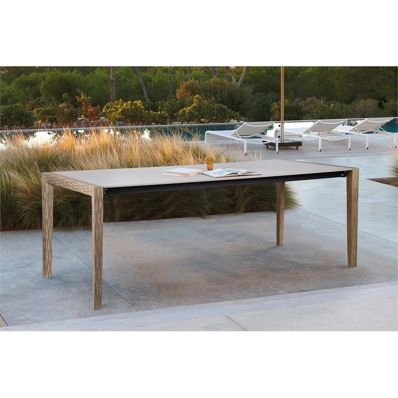 Armen Living Fineline Outdoor Rectangle Wood Dining Table in Natural/Gray