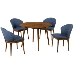Armen Living Arcadia and Juno Round Wood 5-Piece Dining Set in Blue/Brown