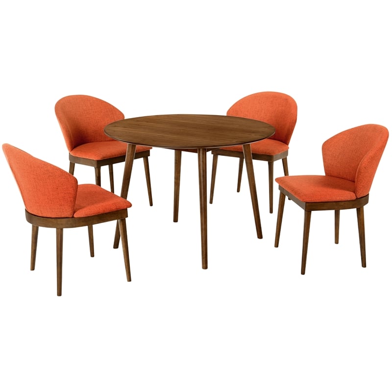 Armen Living Arcadia and Juno Round Wood 5-Piece Dining Set in Orange/Brown
