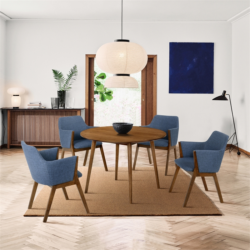 Armen Living Arcadia and Renzo Round 5-Piece Wood Dining Set in Blue/Brown