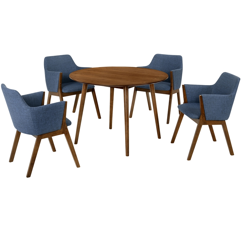 Armen Living Arcadia and Renzo Round 5-Piece Wood Dining Set in Blue/Brown