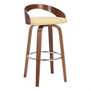 Armen Living Sonia 30&quot Faux Leather & Wood Swivel Bar Stool in Cream/Walnut