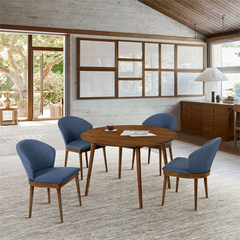 Armen Living Arcadia and Juno 5-Piece Modern Fabric Dining Set in Blue/Walnut
