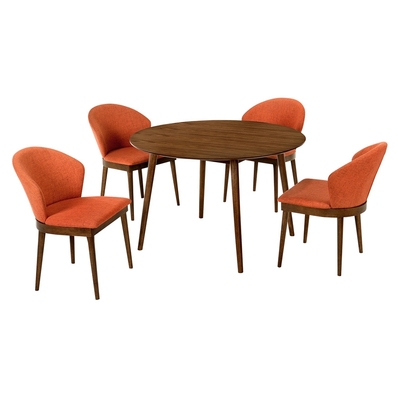 Armen Living Arcadia and Juno 5-Piece Modern Fabric Dining Set in Orange/Walnut