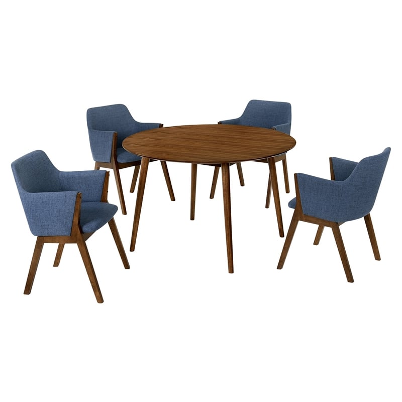 Armen Living Arcadia and Renzo 5-Piece Fabric Dining Set in Blue/Walnut