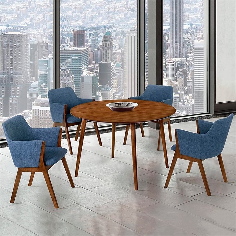 Armen Living Arcadia and Renzo 5-Piece Fabric Dining Set in Blue/Walnut