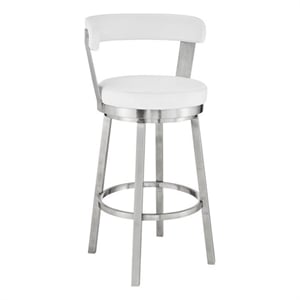 Armen Living Bryant 26&quot Faux Leather Counter Swivel Stool in White/Stainless