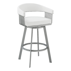 Armen Living Chelsea 26&quot Faux Leather Counter Swivel Stool in White/Silver