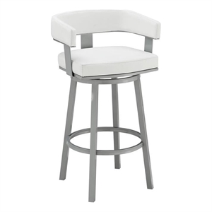 Armen Living Lorin 30&quot Modern Faux Leather Swivel Bar Stool in White/Silver