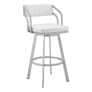 Armen Living Capri 26&quot Faux Leather Swivel Counter Stool in White/Stainless