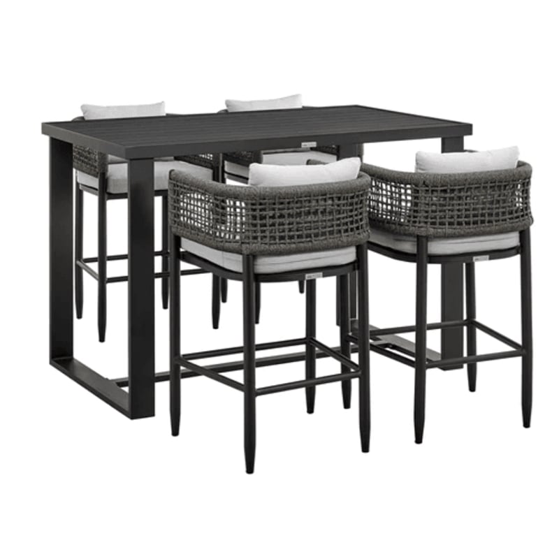 Armen Living Alegria Outdoor 5-Piece Aluminum & Rope Bar Set in Gray