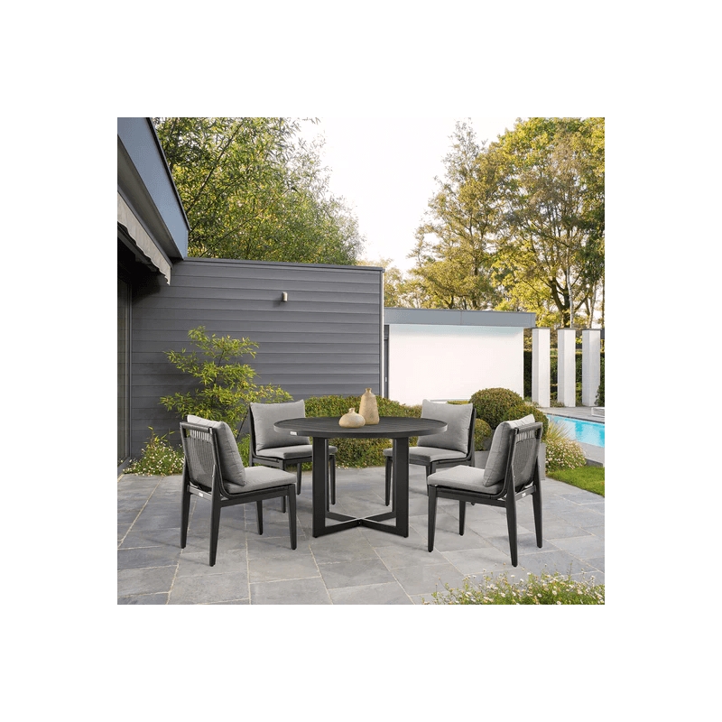 Cayman Outdoor 5-Piece Round Dining Table Set in Aluminum with Grey Cushions