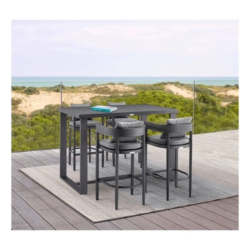 Armen Living Menorca Outdoor Patio 5-Piece Aluminum Bar Set in Gray