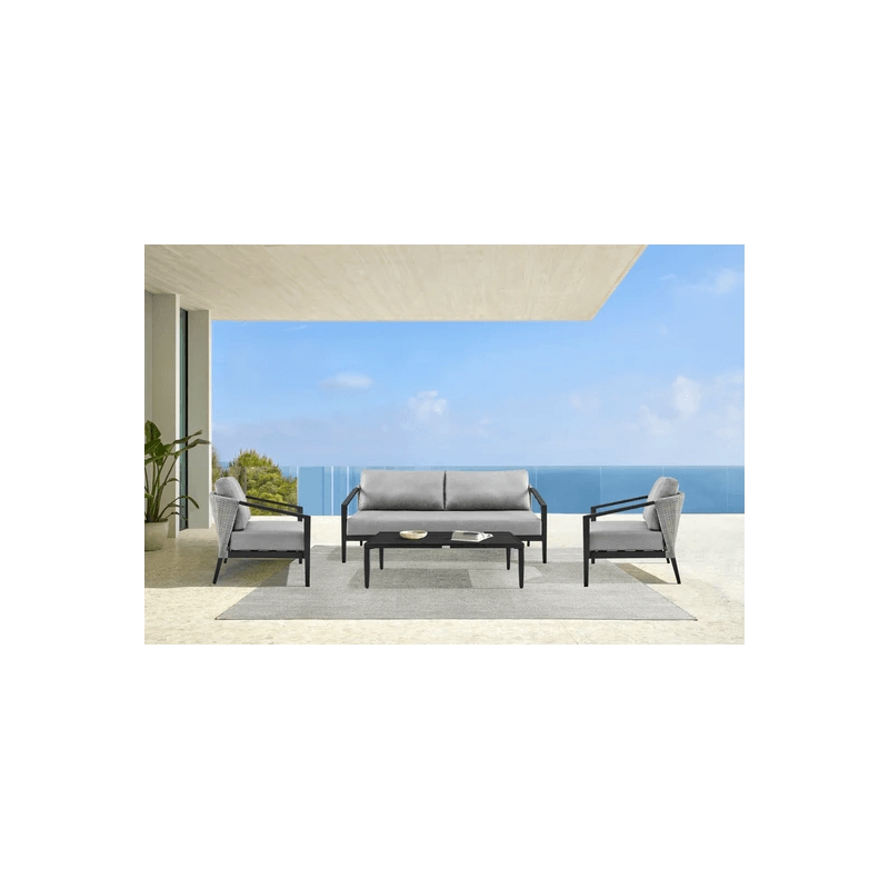 Armen Living Palma Outdoor Patio 4-Piece Aluminum and Wicker Lounge Set in Gray