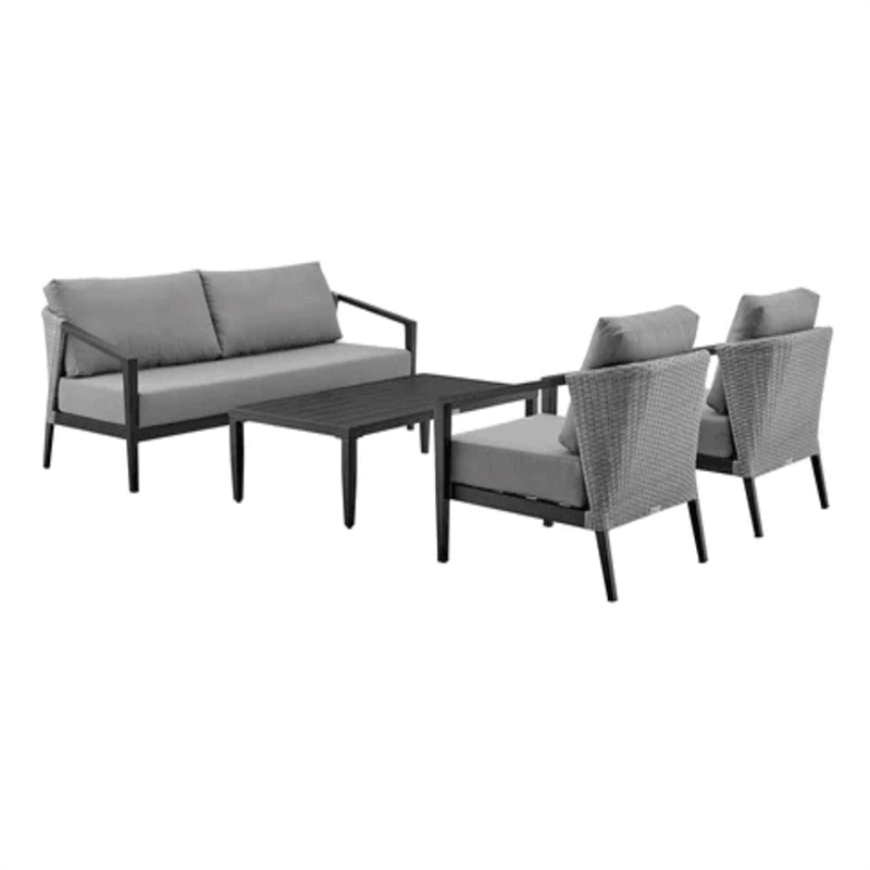 Armen Living Palma Outdoor Patio 4-Piece Aluminum and Wicker Lounge Set in Gray