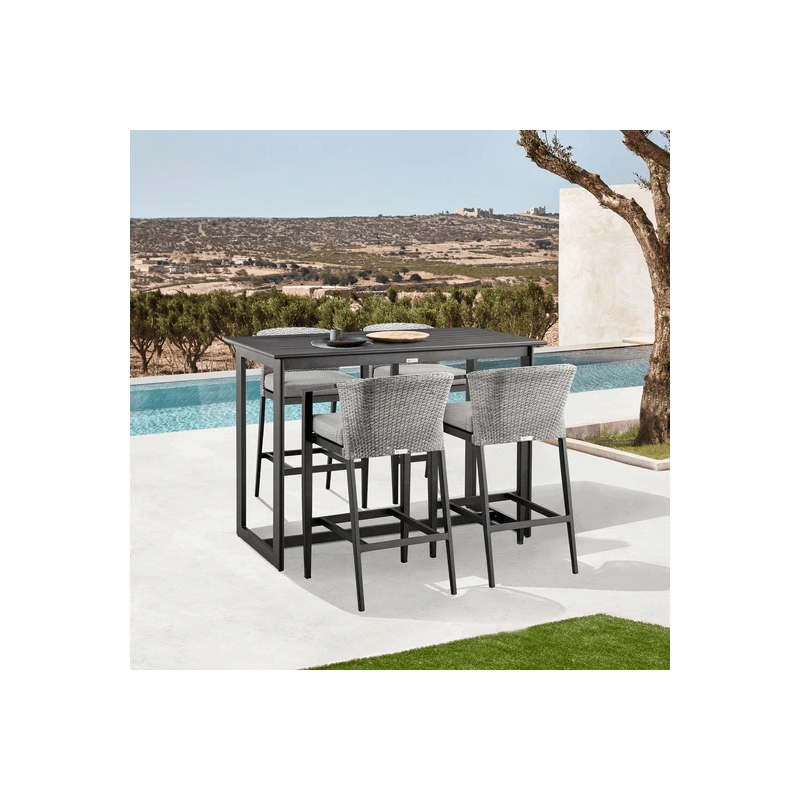 Palma Outdoor Patio 5-Piece Bar Table Set in Aluminum with Grey Cushions