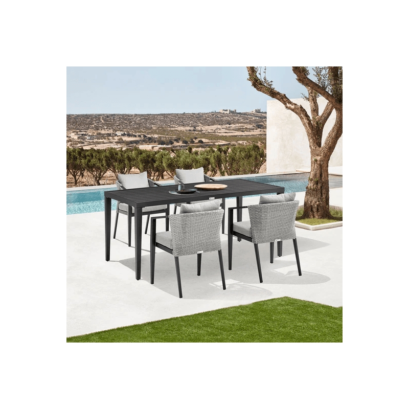 Palma Outdoor 5-Piece Dining Table Set in Aluminum and Wicker with Grey Cushions