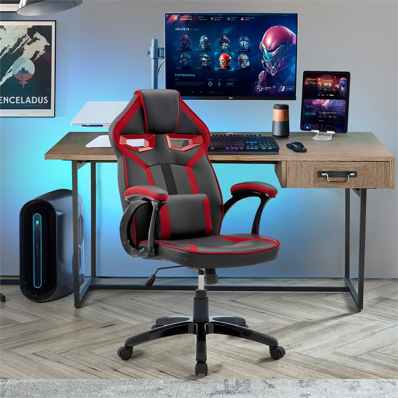 Armen Living Aspect Adjustable Faux Leather Racing Gaming Chair in Black/Red