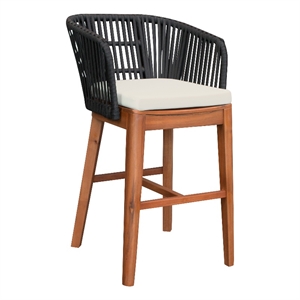 garnet outdoor patio bar stool in natural acacia wood and black rope