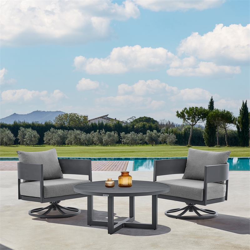 Armen Living Argiope 3PC Aluminum Patio Outdoor Swivel Seating Set in Dark Gray