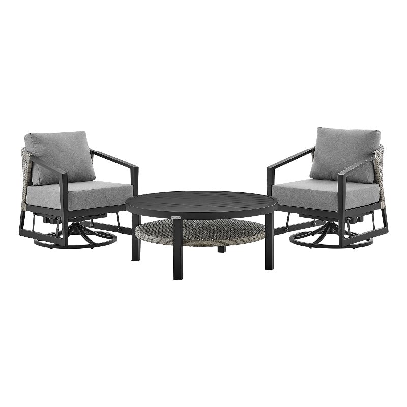 Armen Living Aileen 3PC Outdoor Fabric Patio Swivel Seating Set in Gray/Black