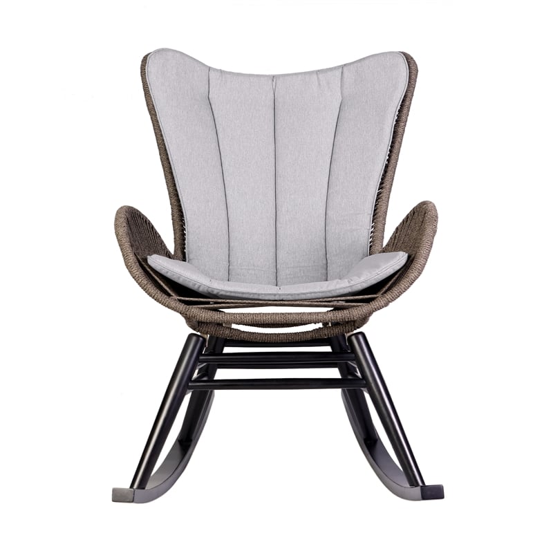 Armen Living Fanny Wood & Rope Outdoor Patio Rocking Chair in Dark Wood/Truffle