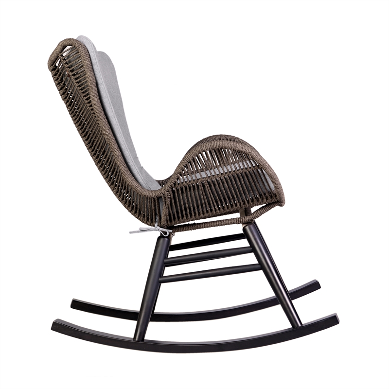 Armen Living Fanny Wood & Rope Outdoor Patio Rocking Chair in Dark Wood/Truffle