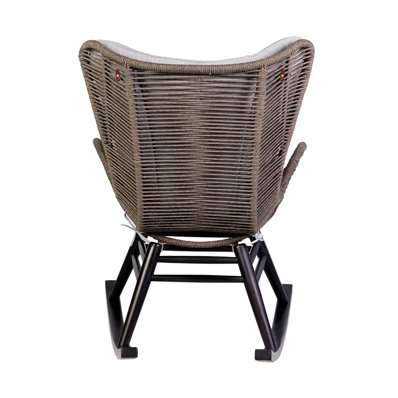 Armen Living Fanny Wood & Rope Outdoor Patio Rocking Chair in Dark Wood/Truffle